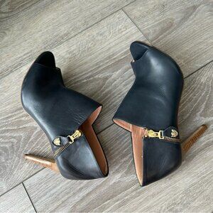 Pedro Miralles Navy Smooth Leather Open Toe Heeled  Bootie Made in Spain